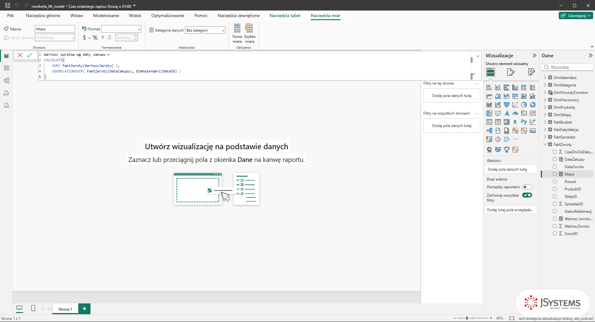 Pasek formuły Power BI z miarą Wartosc zwrotow wg daty zakupu: CALCULATE z SUM i USERELATIONSHIP na DataZakupu