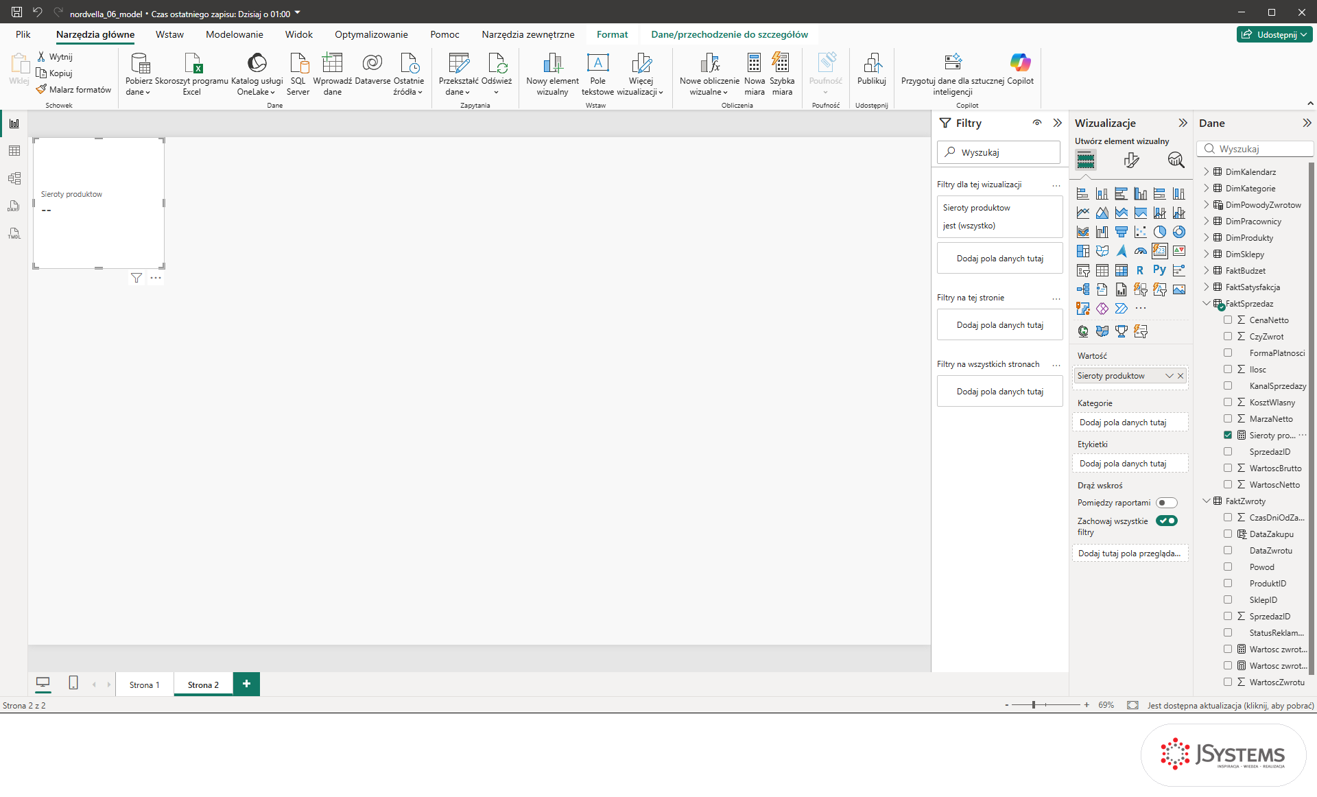 Karta Power BI z miarą Sieroty produktow bez dopisku + 0: zamiast zera pokazuje dwie kreski, czyli wartość pustą