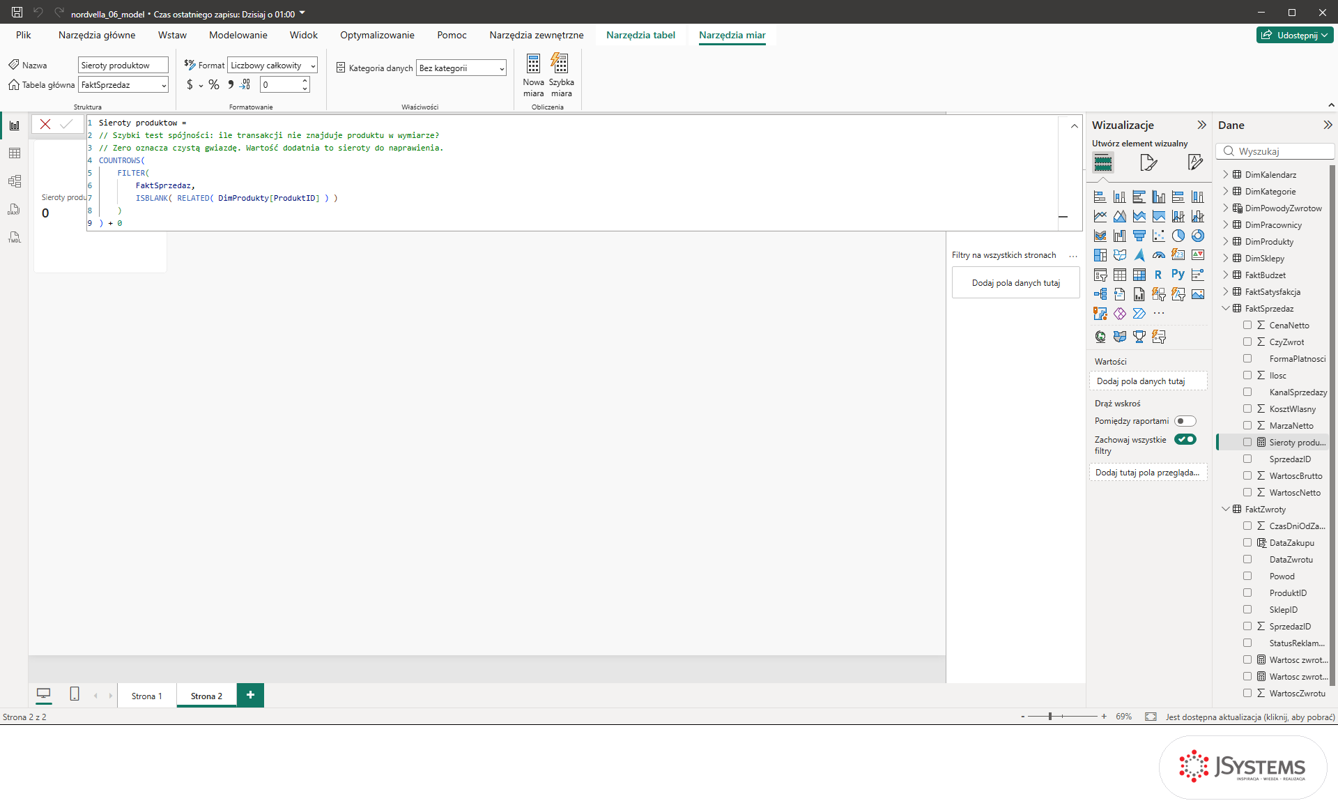 Pasek formuły Power BI z miarą Sieroty produktow: COUNTROWS, FILTER, ISBLANK i RELATED z dopiskiem + 0, karta pokazuje 0
