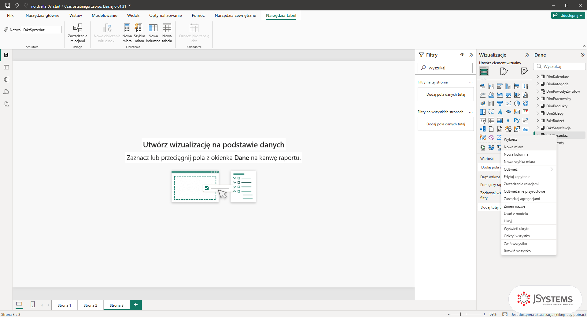 Power BI Desktop: menu kontekstowe tabeli FaktSprzedaz w panelu Dane z pozycją Nowa miara na pustej stronie raportu
