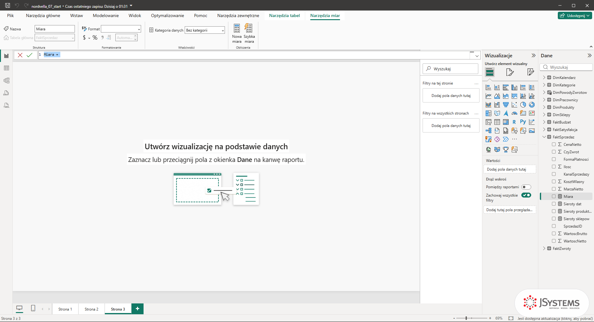 Pasek formuły Power BI z roboczym tekstem Miara = i nowa pozycja Miara w tabeli FaktSprzedaz w panelu Dane