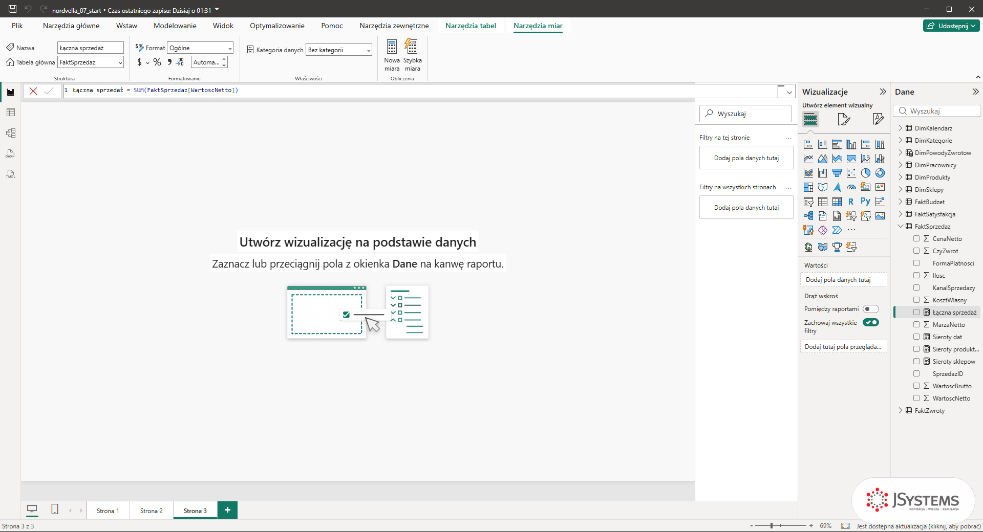 Power BI po zatwierdzeniu miary Łączna sprzedaż: formuła SUM w pasku i miara z ikoną kalkulatora w tabeli FaktSprzedaz