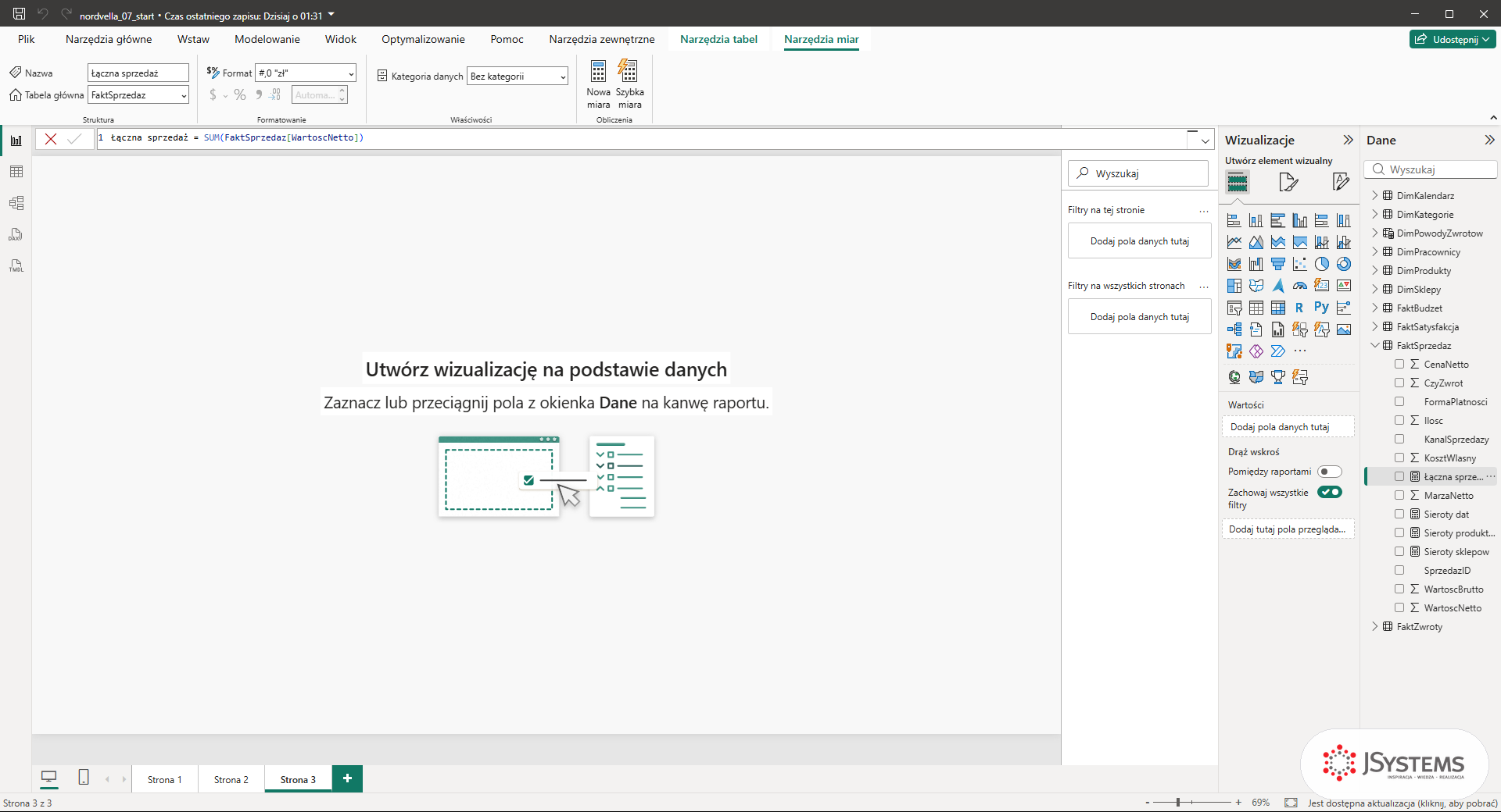 Wstążka Narzędzia miar w Power BI: miara Łączna sprzedaż z własnym formatem #,0 zł i pusta strona raportu