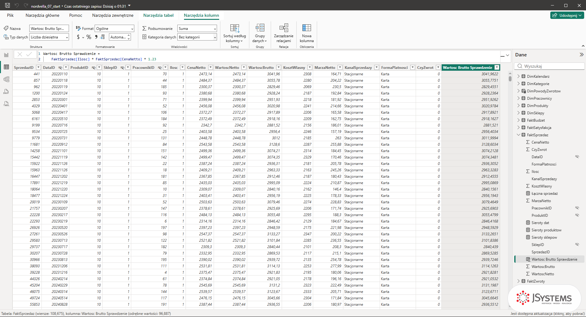 Widok Dane w Power BI: kolumna obliczeniowa Wartosc Brutto Sprawdzenie w FaktSprzedaz i jej formuła w pasku formuły