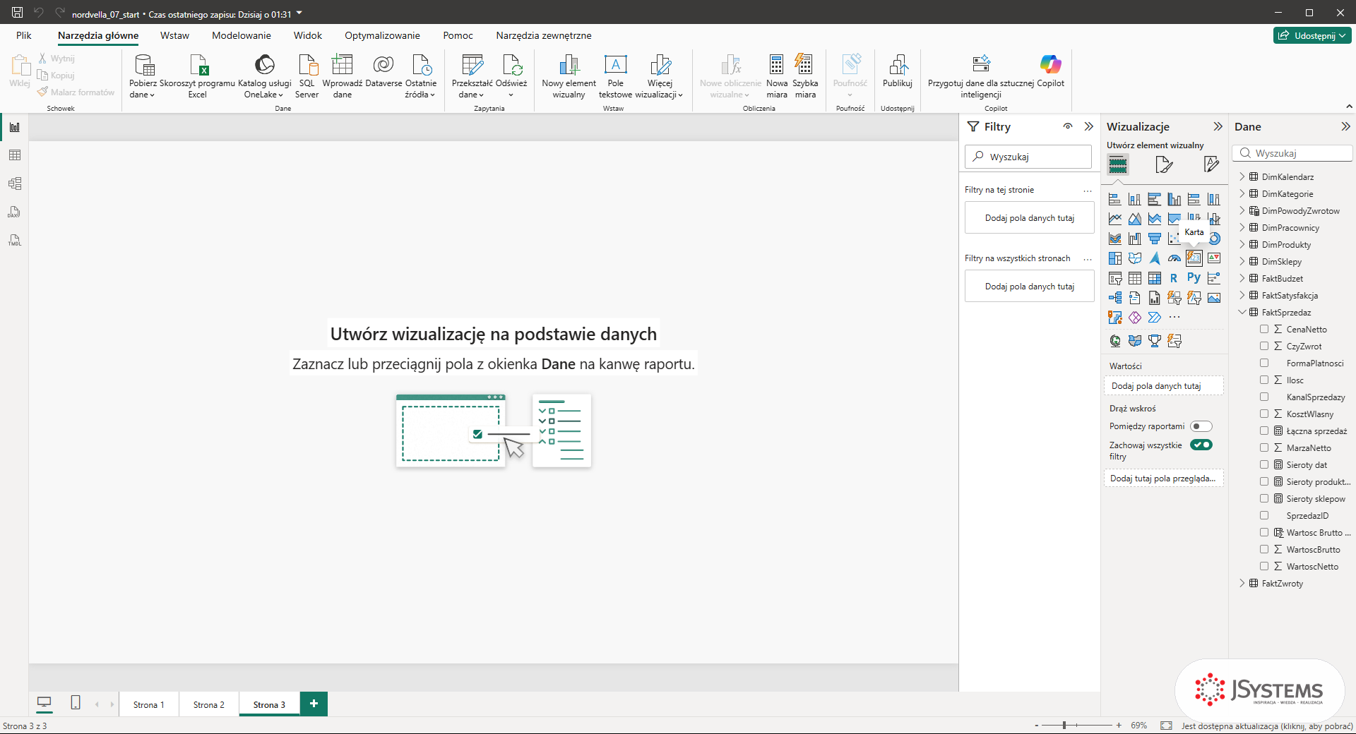 Panel Wizualizacje w Power BI Desktop z podpowiedzią Karta nad ikoną wizuala i pusta strona raportu