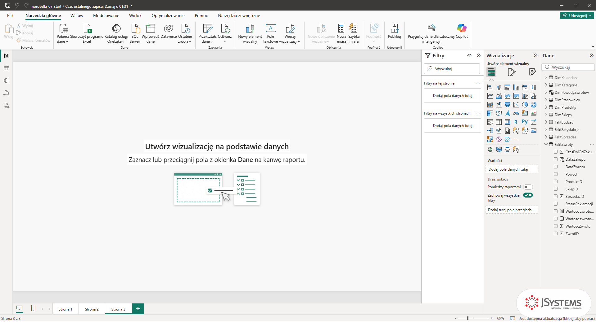 Panel Dane w Power BI: tabela FaktZwroty z kolumnami źródłowymi, kolumną obliczeniową DataZakupu i dwiema miarami