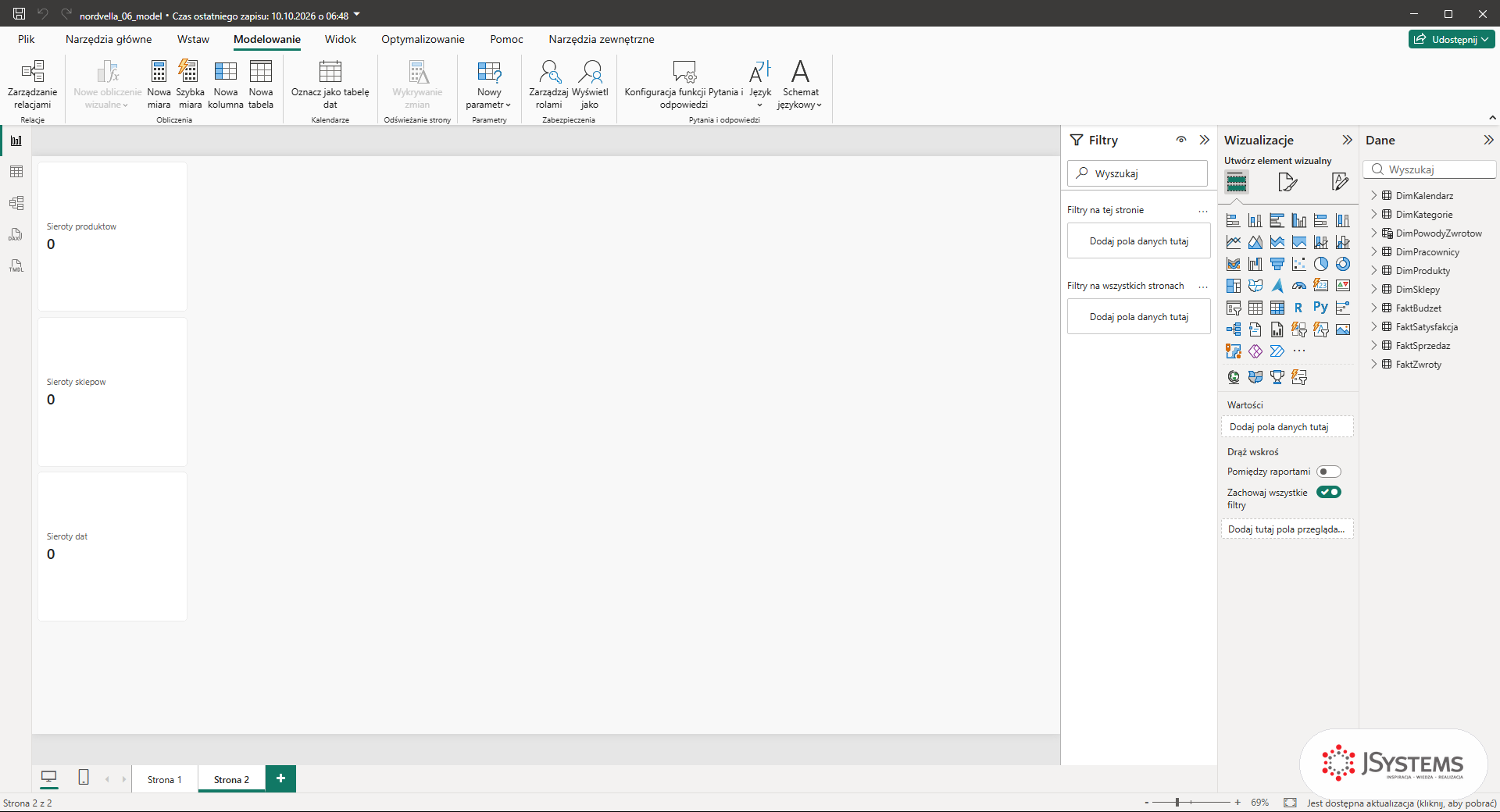 Wstążka Modelowanie w Power BI Desktop z przyciskami Nowa miara i Szybka miara, plik startowy lekcji 07