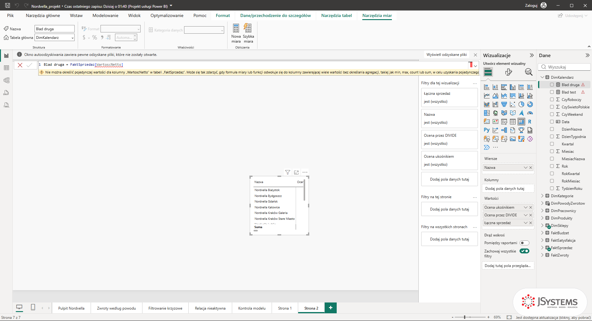 Komunikat błędu w Power BI o kolumnie bez agregacji w formule miary DAX