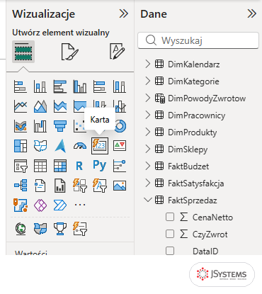 Zbliżenie panelu Wizualizacje w Power BI z podpowiedzią Karta nad ikoną w czwartym rzędzie