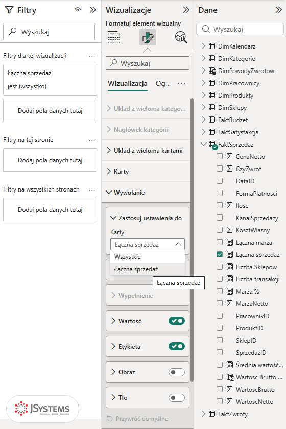 Sekcja Wywołanie w panelu formatowania karty Power BI z listą Karty: Wszystkie i Łączna sprzedaż