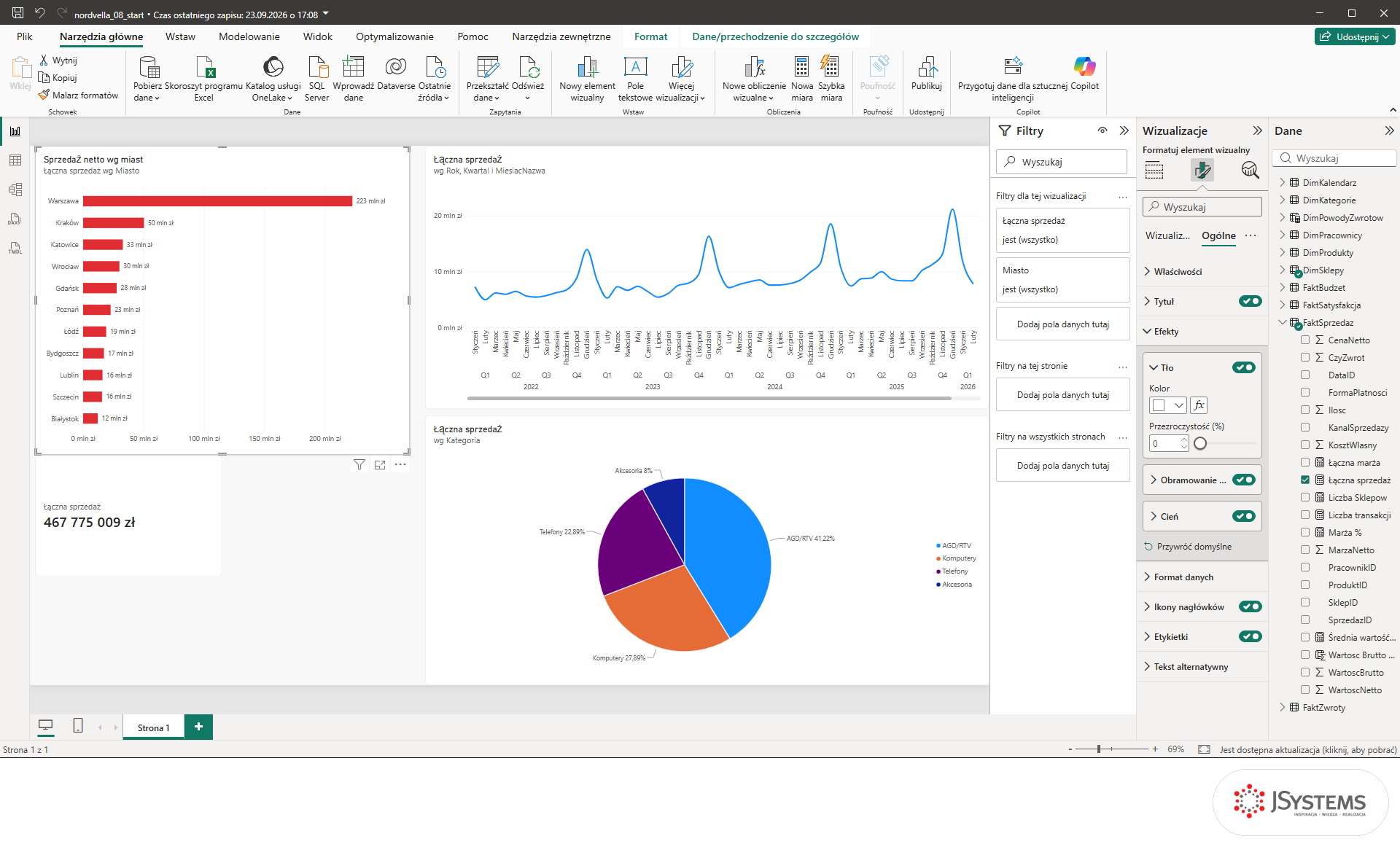 Sekcja Efekty na karcie Ogólne w Power BI z włączonymi przełącznikami Tło, Obramowanie wizualne i Cień