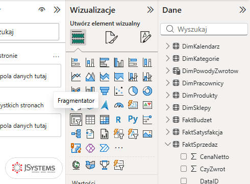 Zbliżenie panelu Wizualizacje w Power BI z podpowiedzią Fragmentator nad pierwszą ikoną piątego rzędu