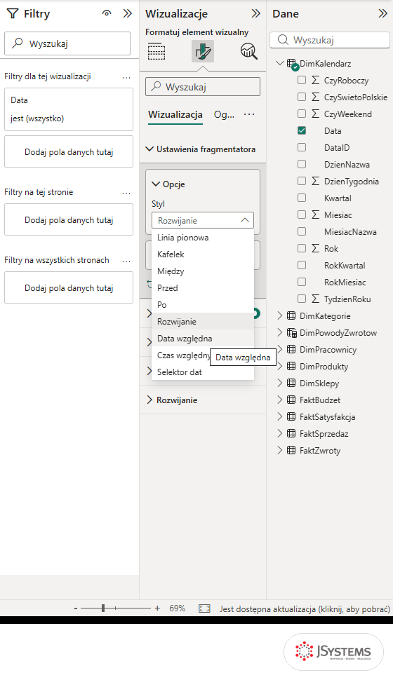 Lista Styl fragmentatora z kolumną Data w Power BI z opcjami Data względna, Czas względny i Selektor dat