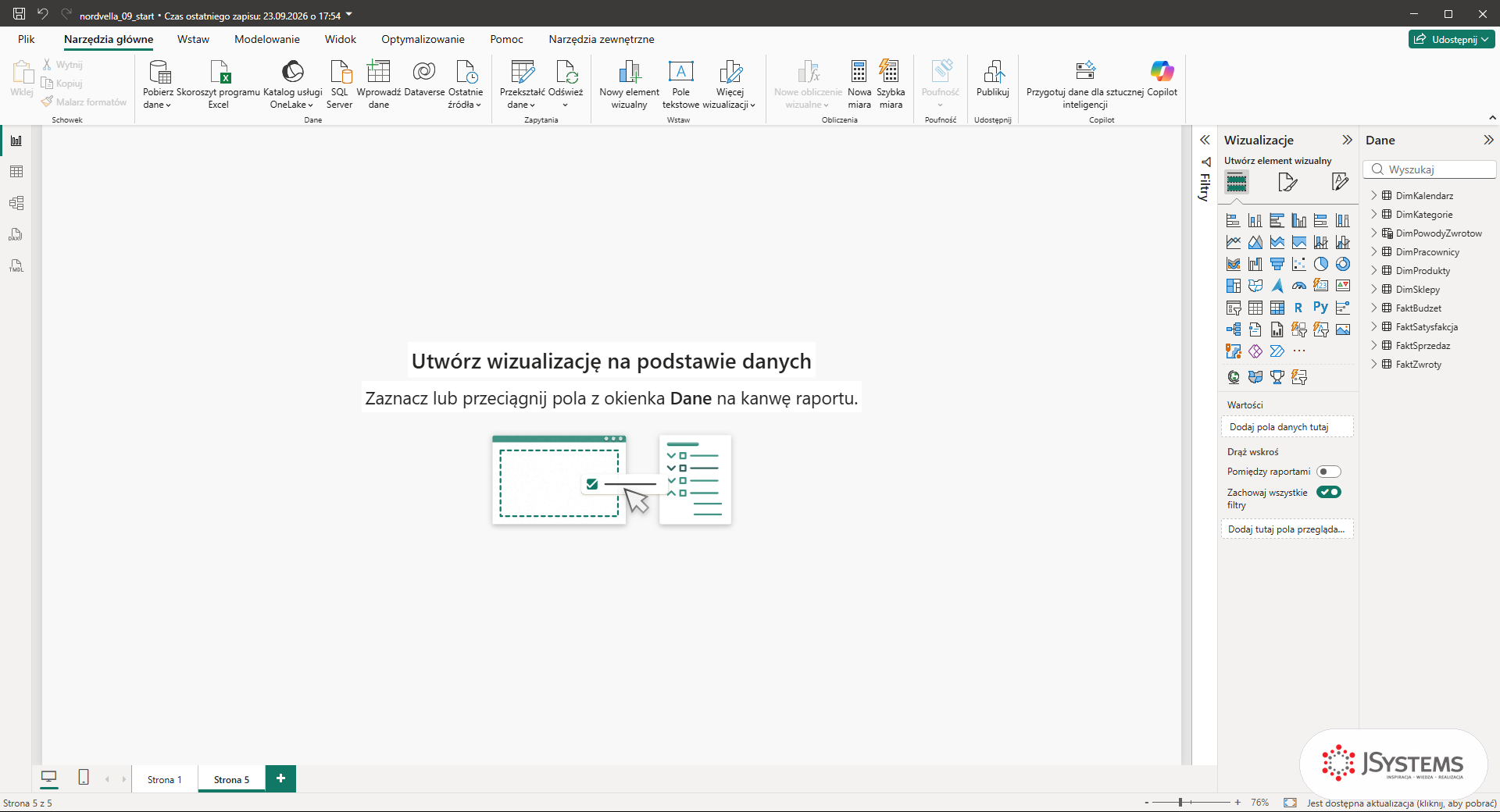 Pusta nowa strona raportu Power BI z napisem Utwórz wizualizację na podstawie danych i kartami stron na dole