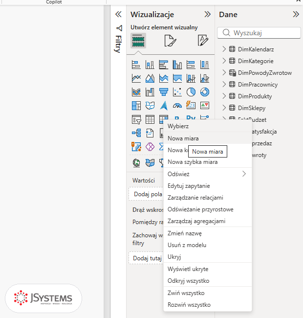Menu kontekstowe tabeli FaktBudzet w panelu Dane Power BI z podświetloną pozycją Nowa miara