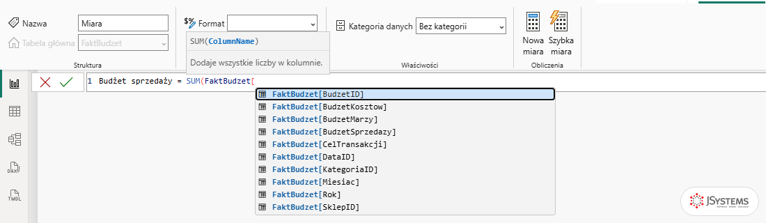 Pasek formuły Power BI z miarą Budżet sprzedaży i listą IntelliSense kolumn tabeli FaktBudzet