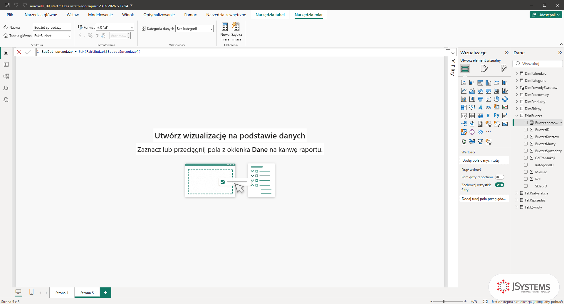 Karta Narzędzia miar w Power BI z miarą Budżet sprzedaży i formatem #,0 zł w polu Format
