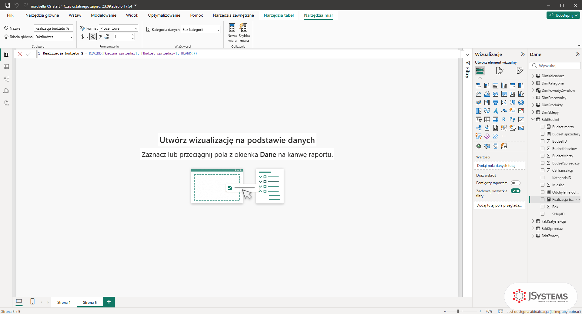 Miara Realizacja budżetu % w Power BI z formatem Procentowe i jednym miejscem po przecinku na wstążce