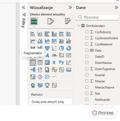 Panel Wizualizacje Power BI z podpowiedzią Fragmentator nad ikoną w piątym rzędzie