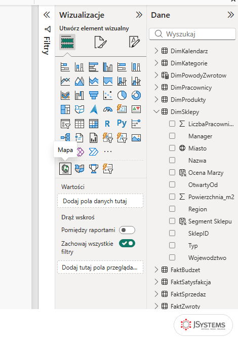 Panel Wizualizacje Power BI z podpowiedzią Mapa i kolumną Miasto z ikoną globusa w panelu Dane
