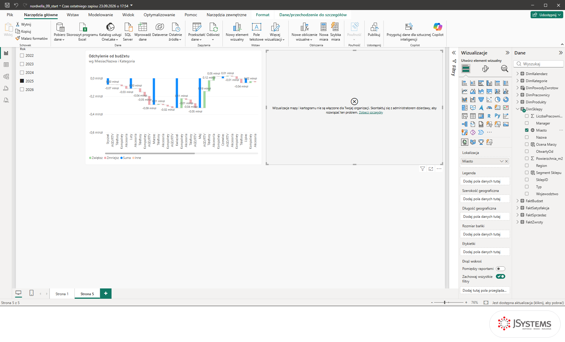 Komunikat Power BI o wyłączonych wizualizacjach mapy i kartogramu w ramce klasycznej Mapy