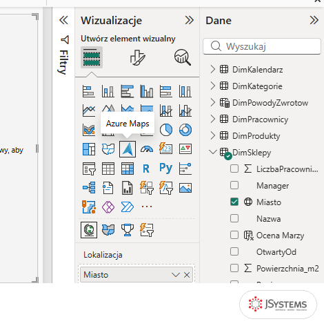 Panel Wizualizacje Power BI z podpowiedzią Azure Maps nad ikoną niebieskiego trójkąta