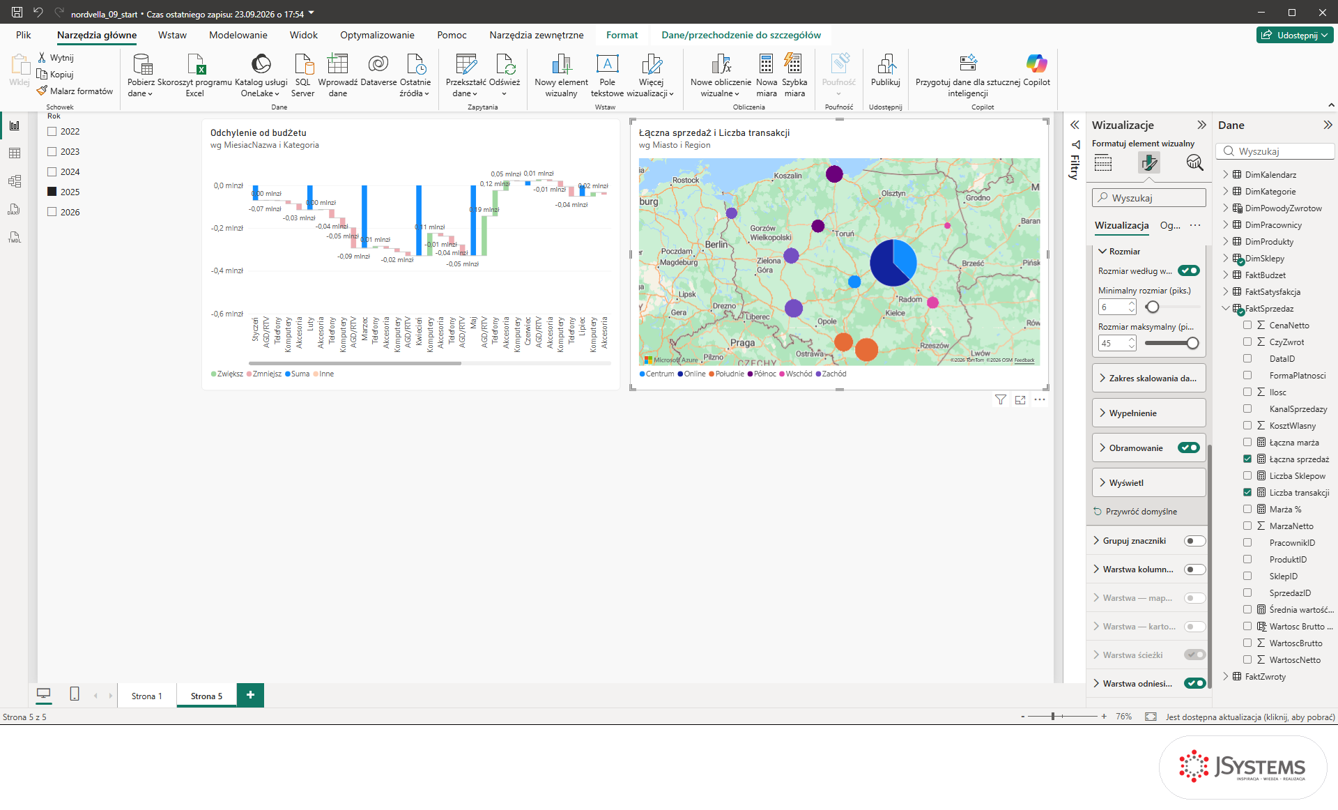 Ustawienia Rozmiar w Azure Maps w Power BI: Minimalny rozmiar 6 i Rozmiar maksymalny 45 pikseli