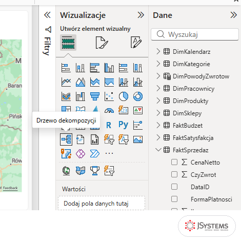 Panel Wizualizacje Power BI z podpowiedzią Drzewo dekompozycji nad ikoną w szóstym rzędzie