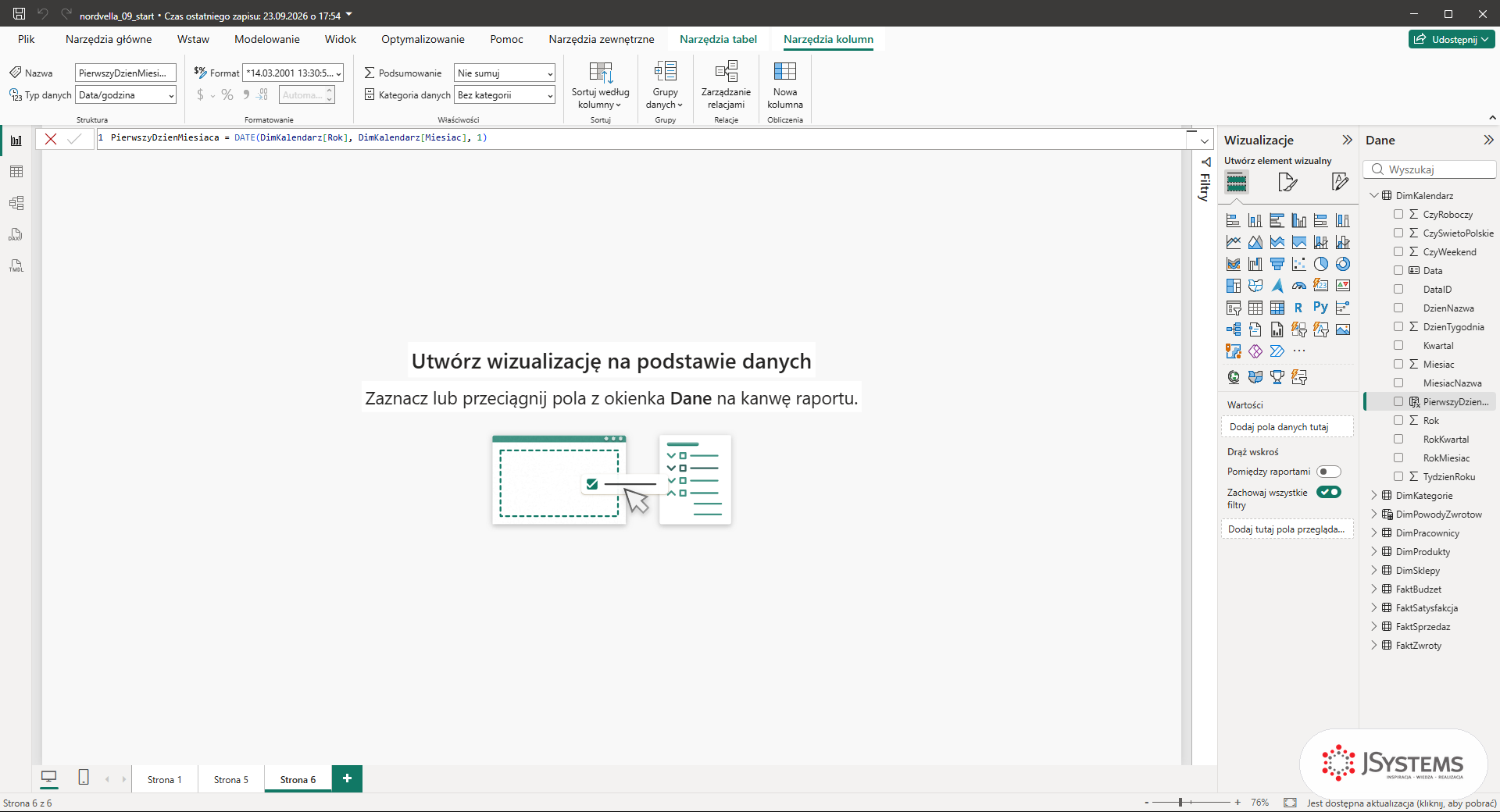 Pasek formuły Power BI z kolumną PierwszyDzienMiesiaca i typem danych Data/godzina na karcie Narzędzia kolumn
