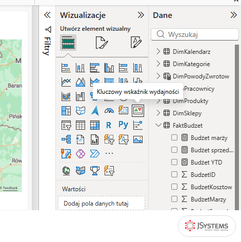 Panel Wizualizacje Power BI z podpowiedzią Kluczowy wskaźnik wydajności nad ikoną w czwartym rzędzie