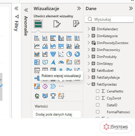 Panel Wizualizacje Power BI z podpowiedzią Pobierz więcej wizualizacji nad ikoną trzech kropek