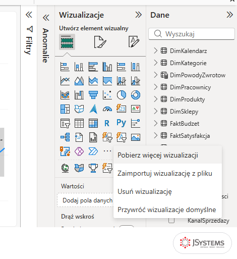 Menu trzech kropek w panelu Wizualizacje Power BI: Pobierz więcej wizualizacji, Zaimportuj wizualizację z pliku