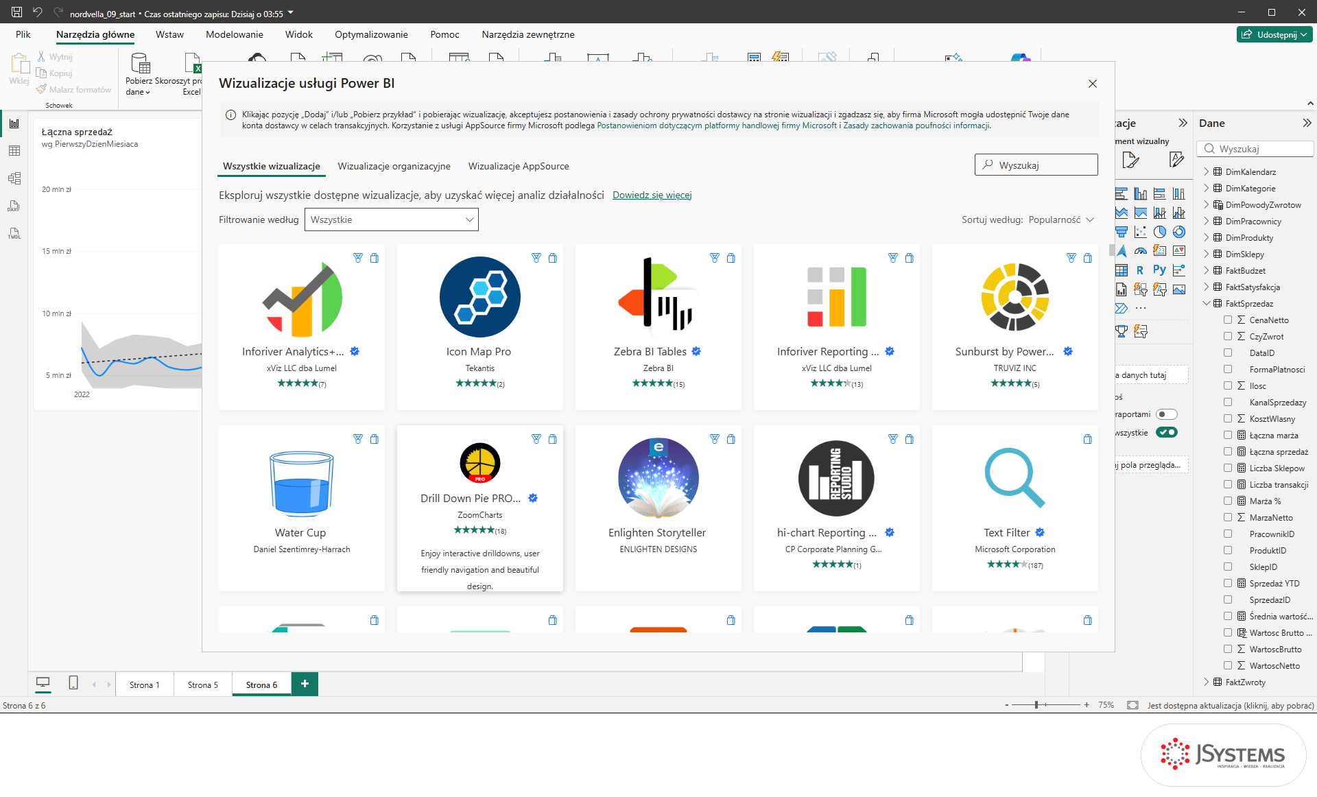 Okno Wizualizacje usługi Power BI w Power BI Desktop: karta Wszystkie wizualizacje posortowana według popularności