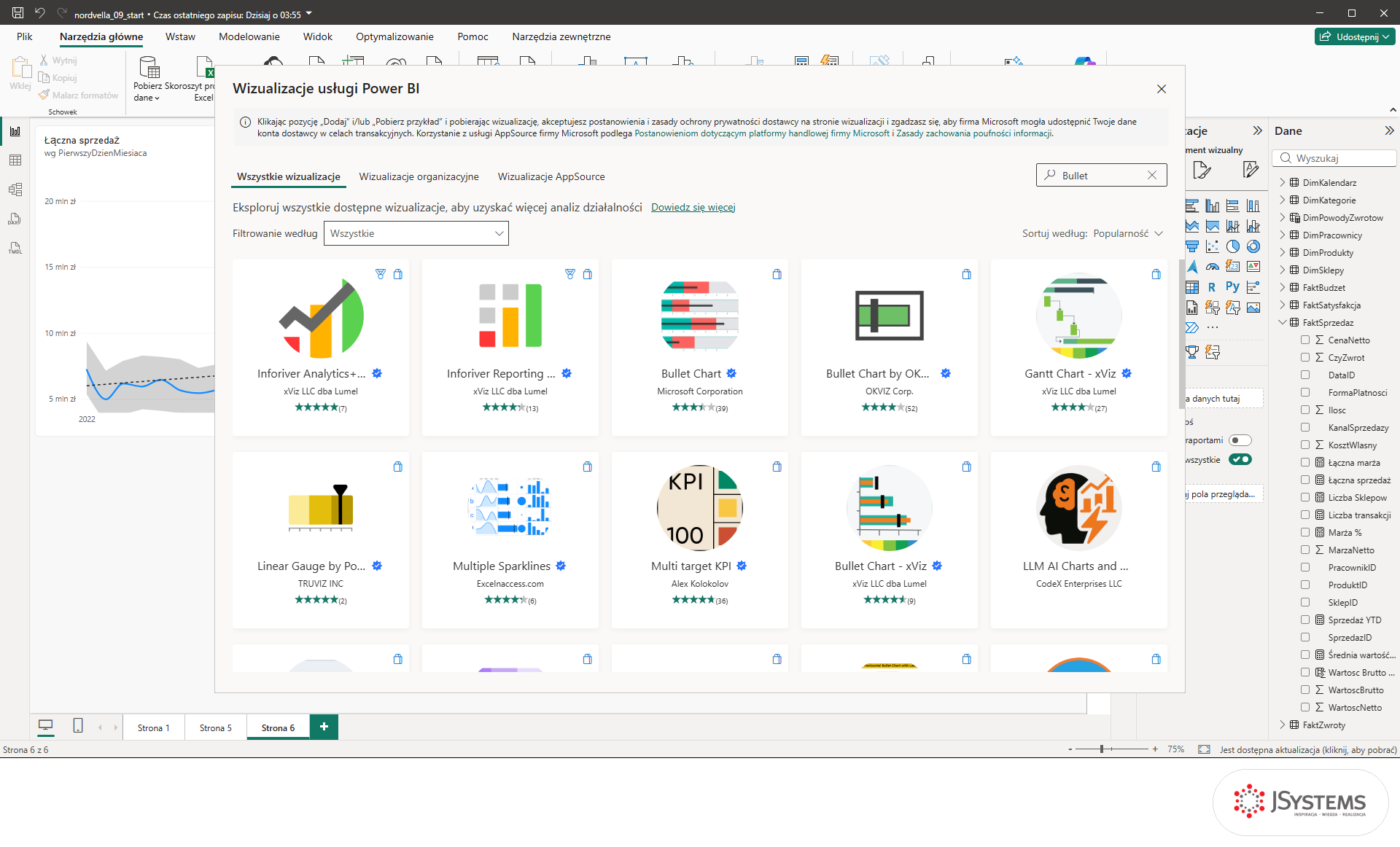 Wyniki wyszukiwania Bullet w oknie Wizualizacje usługi Power BI: Bullet Chart od Microsoft Corporation i inne