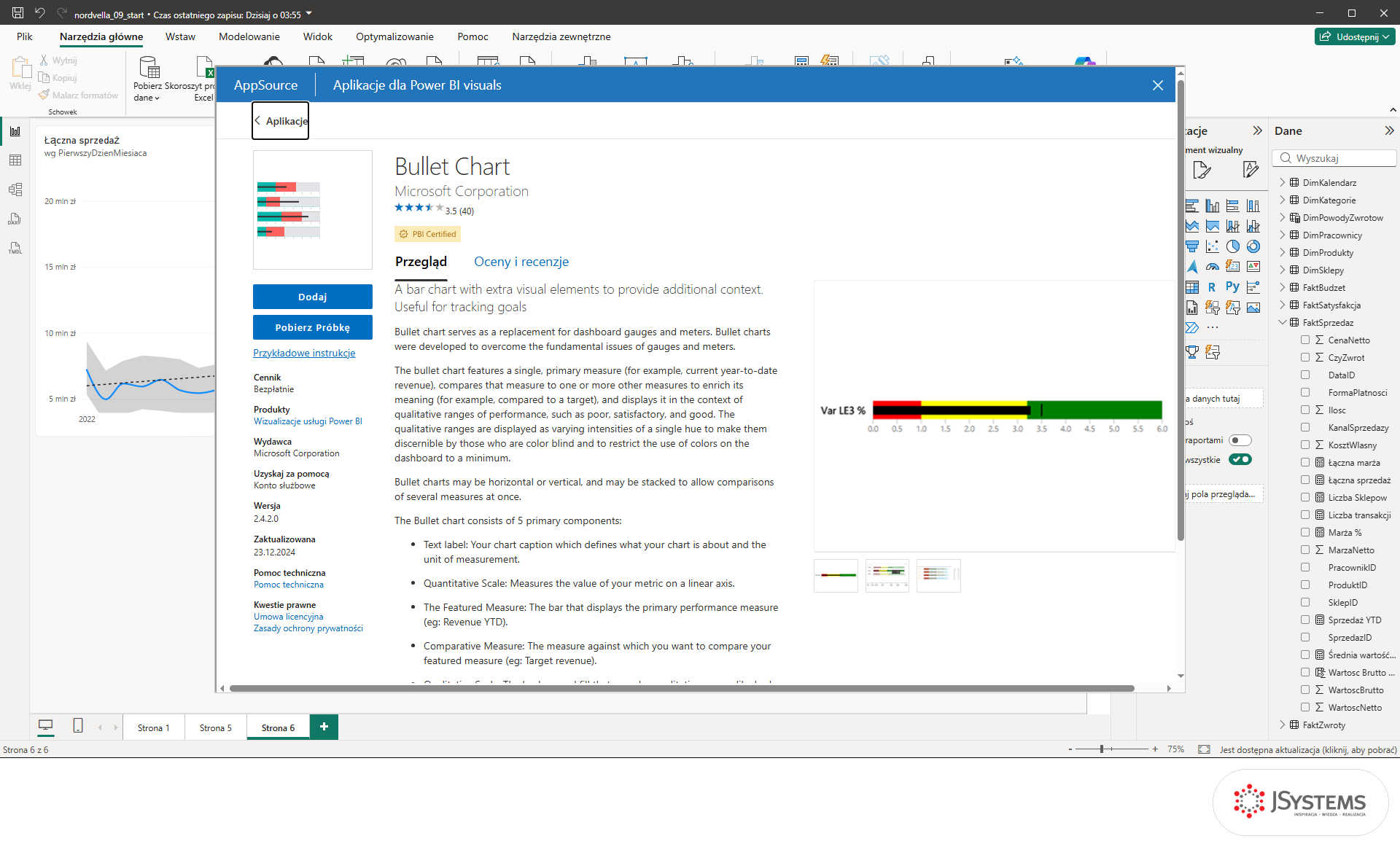 Karta Bullet Chart od Microsoft Corporation w AppSource z plakietką PBI Certified, ceną Bezpłatnie i przyciskiem Dodaj