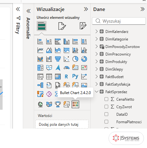 Panel Wizualizacje Power BI z nową ikoną Bullet Chart 2.4.2.0 na końcu listy wizualizacji
