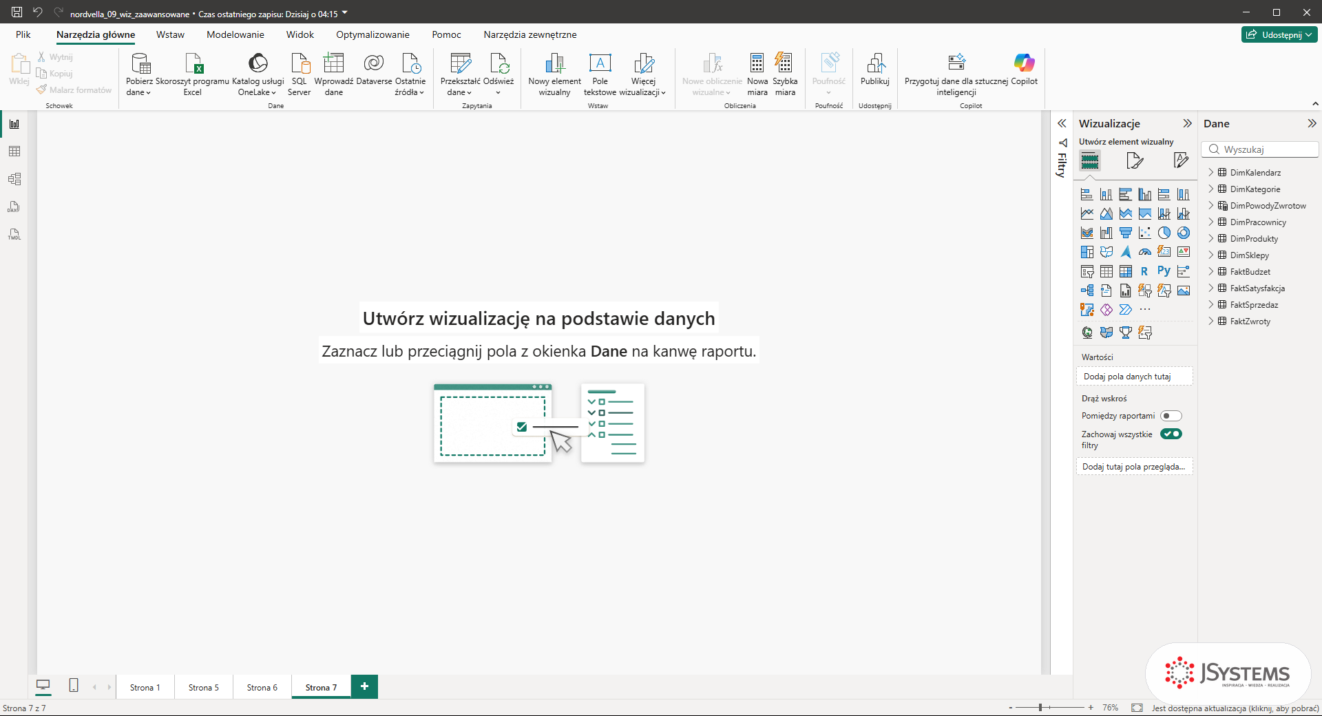 Pusta nowa strona raportu w Power BI Desktop dodana przyciskiem plus, gotowa na parametr co-jeśli