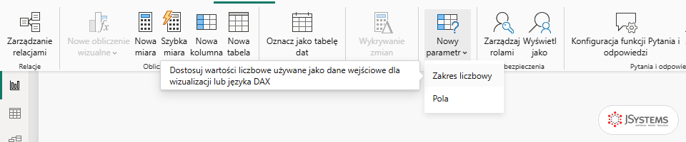 Menu Nowy parametr w Power BI z pozycjami Zakres liczbowy i Pola oraz podpowiedzią