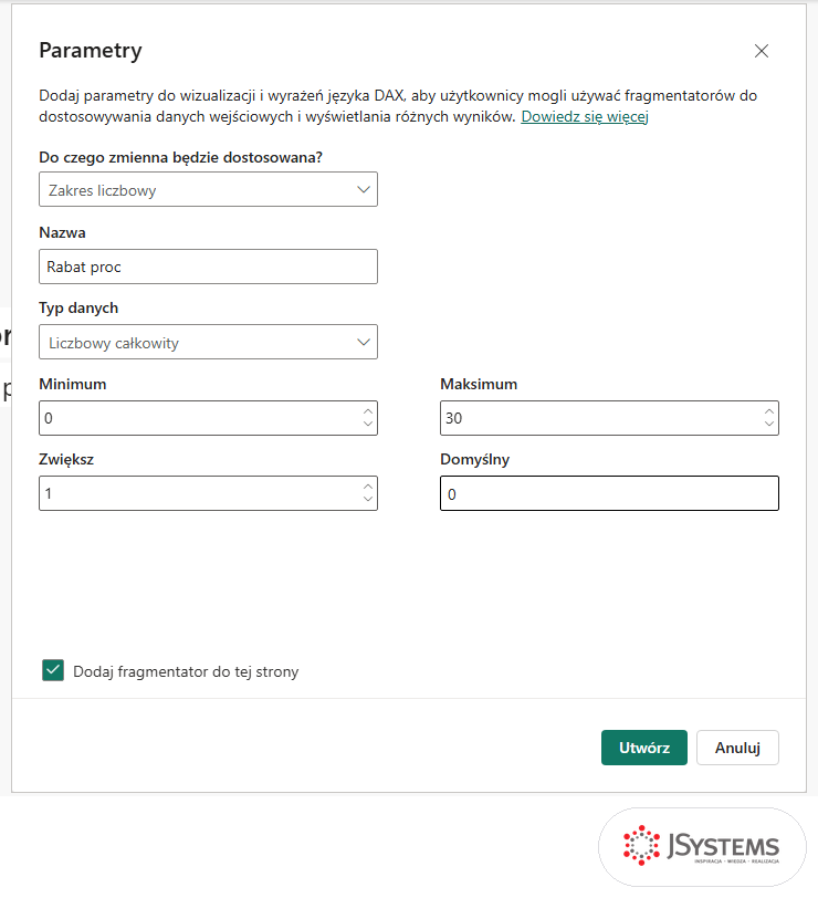 Okno Parametry w Power BI wypełnione: nazwa Rabat proc, minimum 0, maksimum 30, zwiększ 1, domyślny 0