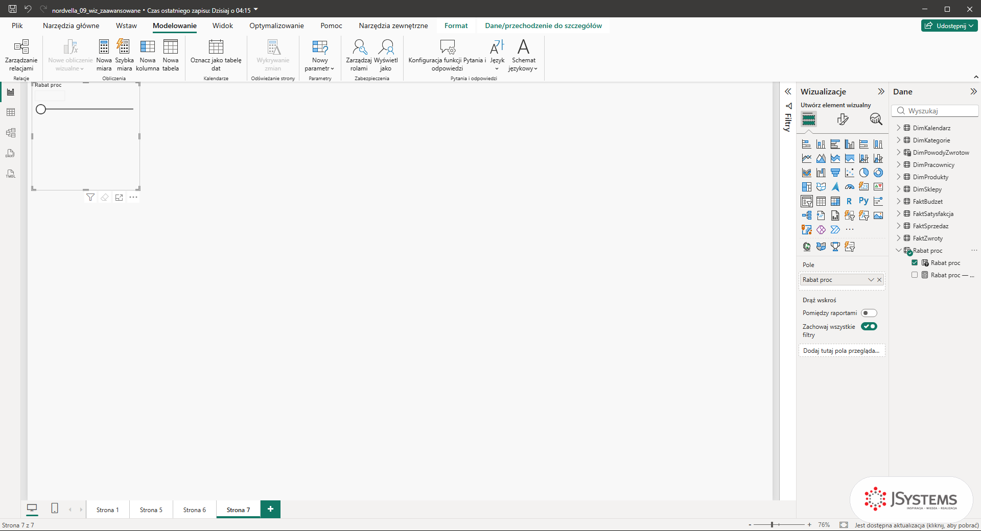 Strona Power BI po utworzeniu parametru: fragmentator suwakowy Rabat proc i tabela Rabat proc w panelu Dane