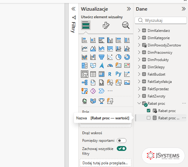 Podpowiedź z pełną nazwą miary utworzonej przez kreator parametru w panelu Dane Power BI