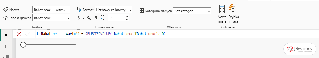 Pasek formuły Power BI z miarą kreatora parametru odczytującą wybór przez SELECTEDVALUE z wartością domyślną 0