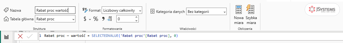 Pole Nazwa na karcie Narzędzia miar w Power BI z wpisaną nową nazwą miary Rabat proc wartość