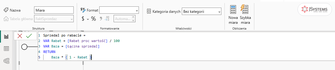 Pasek formuły Power BI z miarą Sprzedaż po rabacie w pięciu liniach ze zmiennymi VAR Rabat i VAR Baza