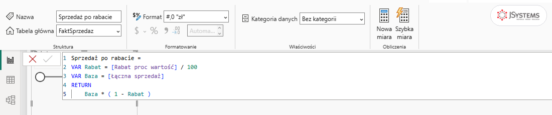 Karta Narzędzia miar w Power BI z nazwą Sprzedaż po rabacie i formatem #,0 zł w polu Format