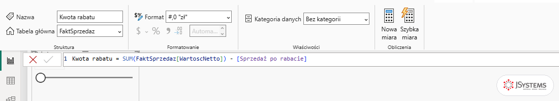 Pasek formuły Power BI z miarą Kwota rabatu i formatem złotówkowym na karcie Narzędzia miar