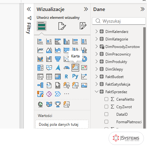 Ikona Karta w panelu Wizualizacje Power BI Desktop z podpowiedzią Karta