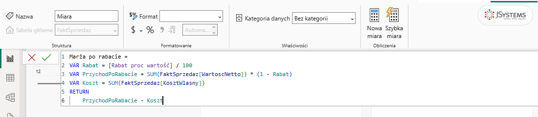 Pasek formuły Power BI z miarą Marża po rabacie: zmienne Rabat, PrzychodPoRabacie i Koszt z kolumny KosztWlasny