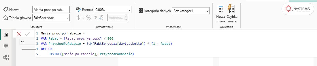 Miara Marża proc po rabacie z funkcją DIVIDE w pasku formuły Power BI i formatem 0.00% w polu Format