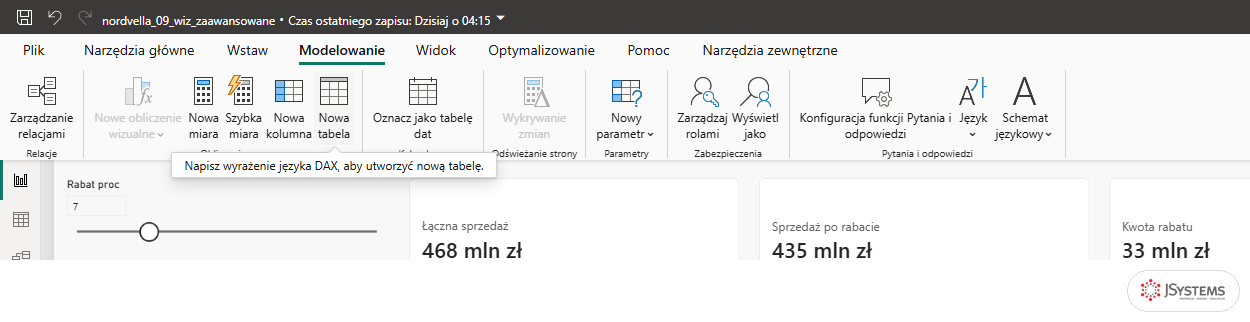 Przycisk Nowa tabela na wstążce Modelowanie w Power BI z podpowiedzią o wyrażeniu DAX tworzącym tabelę